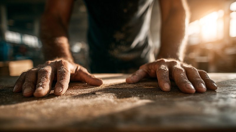 Mains d’un travailleur posée sur une surface de bois dans un atelier.