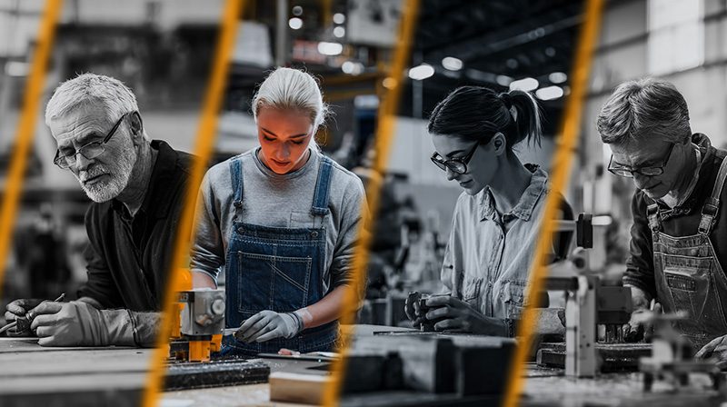 Personnes travaillant dans un atelier, illustrant différents métiers manuels, symbolisant l'apprentissage de nouveaux métiers.