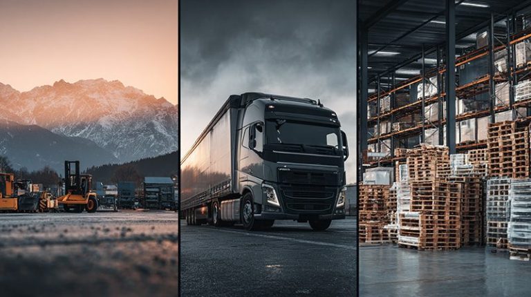 Illustration de trois secteurs : bâtiment, transport et logistique.