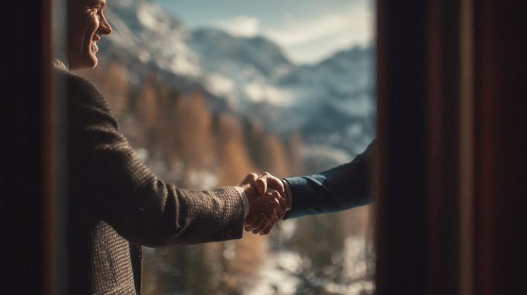 Poignée de main entre deux personnes avec un paysage de montagne en arrière-plan.