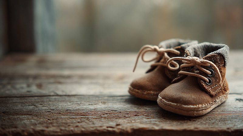 Petites chaussures de bébé posées sur une table en bois.