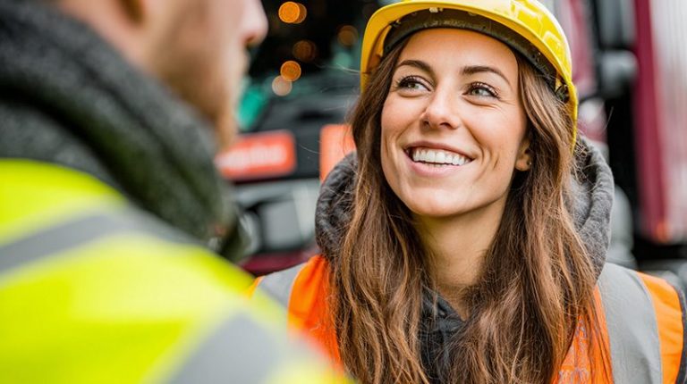 Travailleuse en tenue de chantier souriante lors d’un échange avec un collègue.