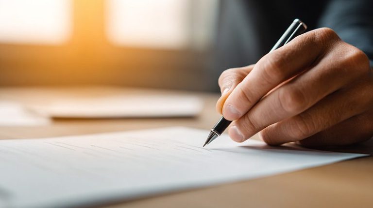 Main écrivant au stylo sur un document.