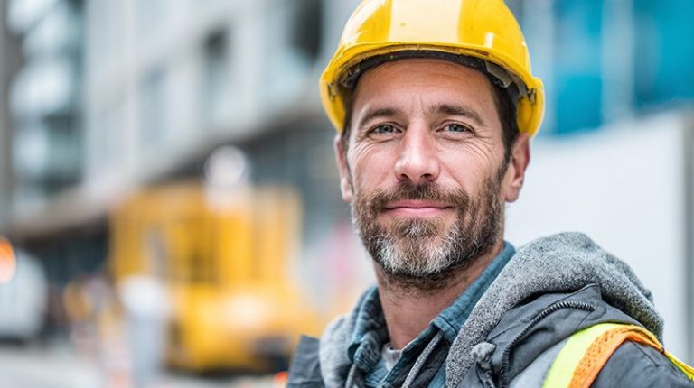 Ouvrier portant un casque de chantier sur un site de construction.