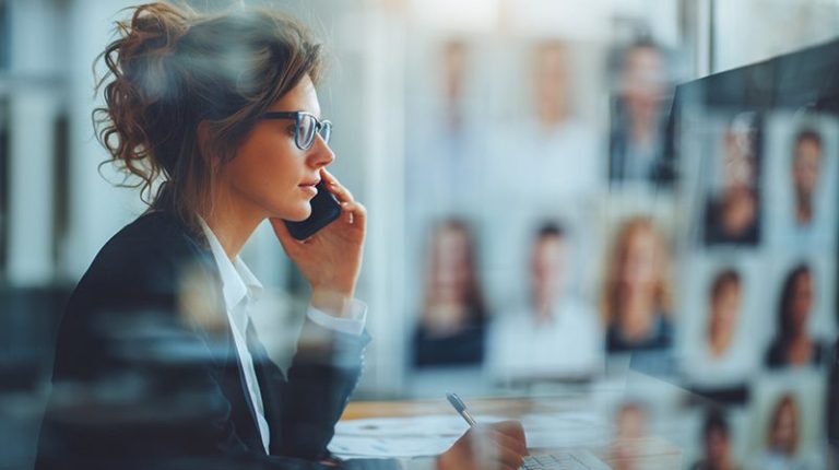 Femme au téléphone devant un ordinateur dans un bureau moderne.