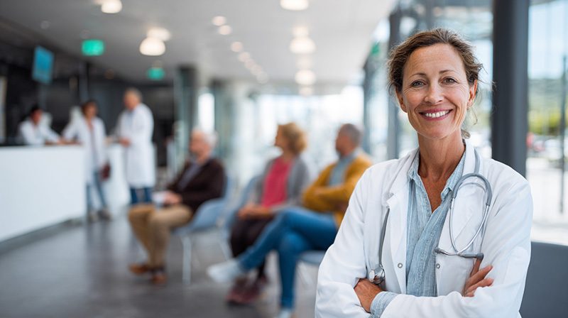 Professionnelle de santé souriante dans un établissement médical.
