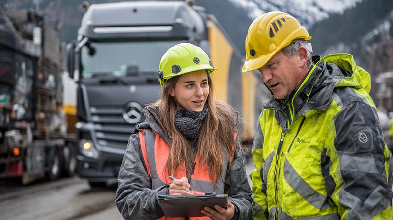 Deux professionnels en tenue de chantier échangeant devant des camions.