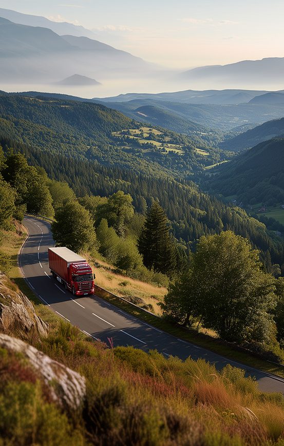 Poids lourd roulant sur une route sinueuse à travers un paysage alpin.