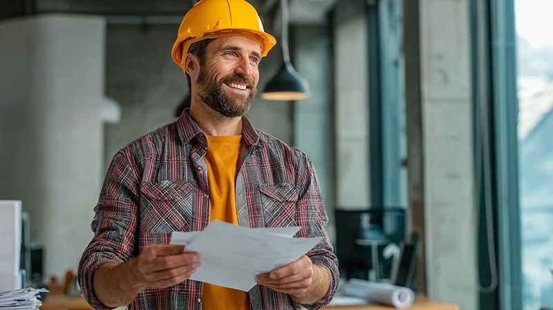 Travailleur lisant des documents administratifs sur un chantier.