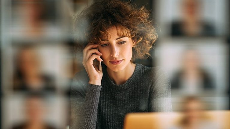Professionnelle en communication téléphonique devant son ordinateur.