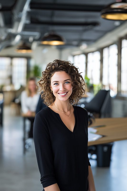 Femme souriante dans un bureau moderne, illustrant l’approche humaine de M L’Intérim.