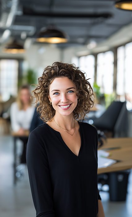 Femme souriante dans un bureau moderne, illustrant l’approche humaine de M L’Intérim.