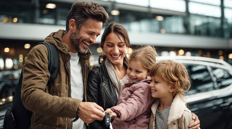 Famille souriante recevant des clés de voiture dans une agence de location.